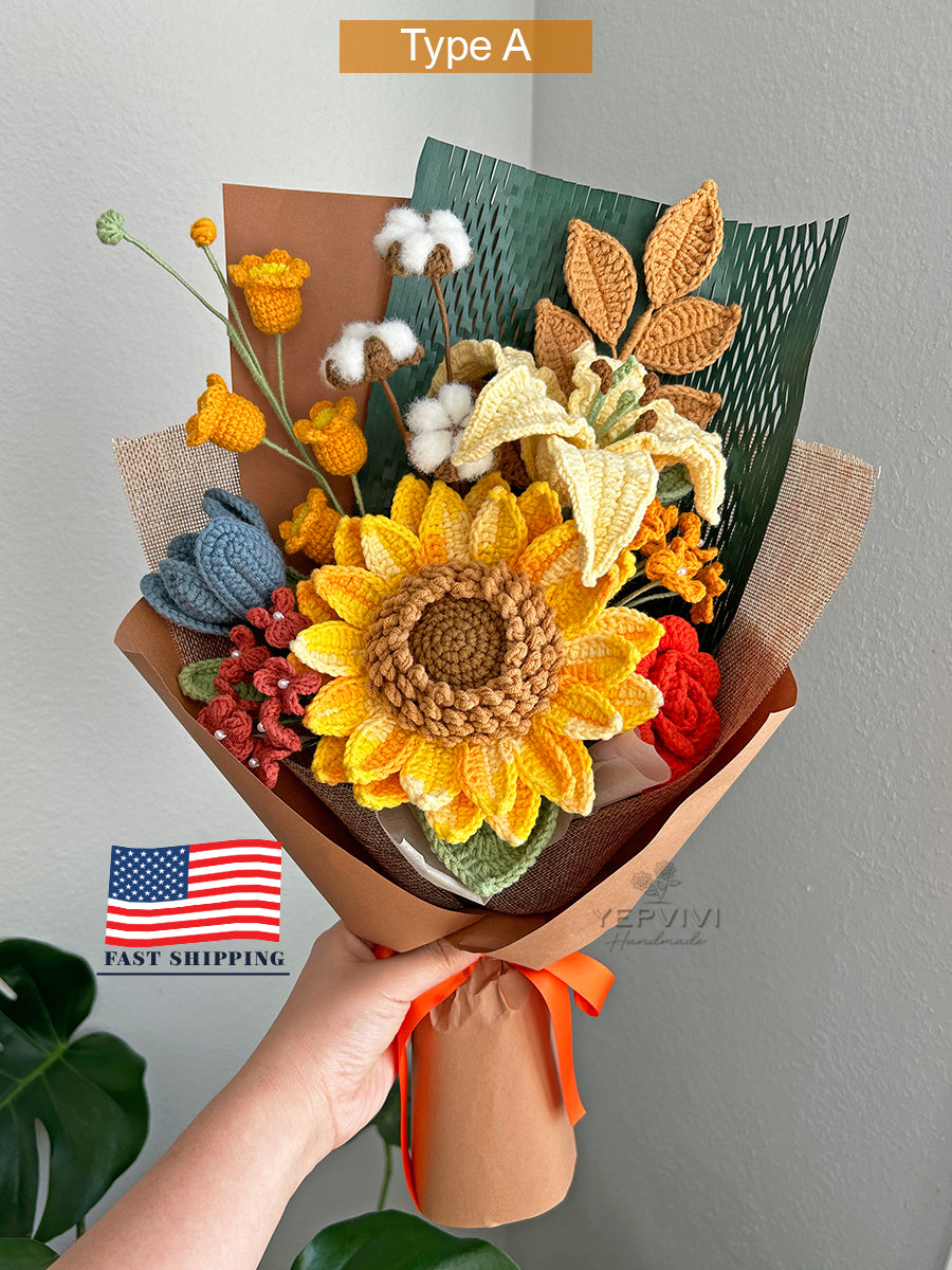 Finished crochet sunflower and Fall color bouquet. Gift for everyone, Mom,wife,friend.