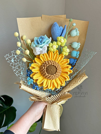 Finished crochet sunflower with Blue flowers bouquet. Unique handmade gift.