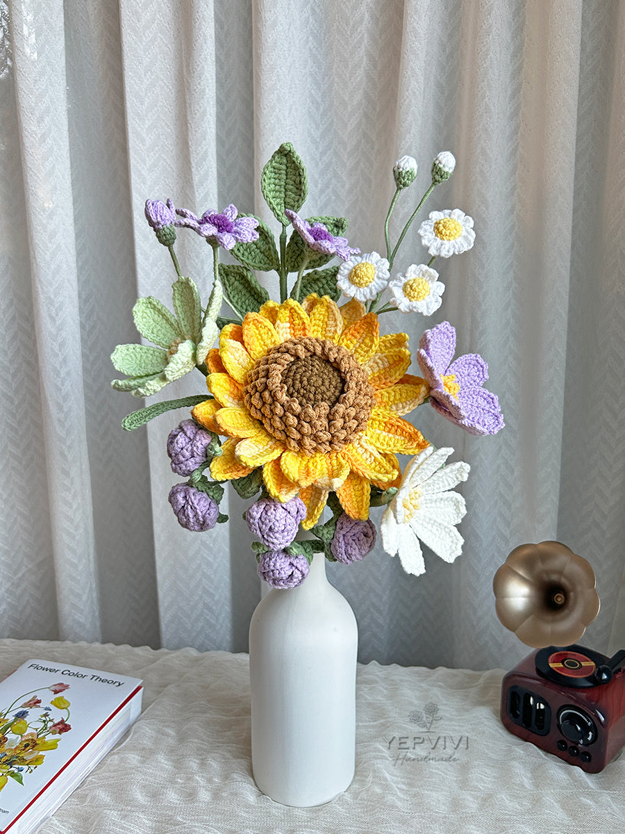 Crochet Sunflowers Bouquet | pink/purple/blue Flower Bouquet, Handmade flowers, Home Decor