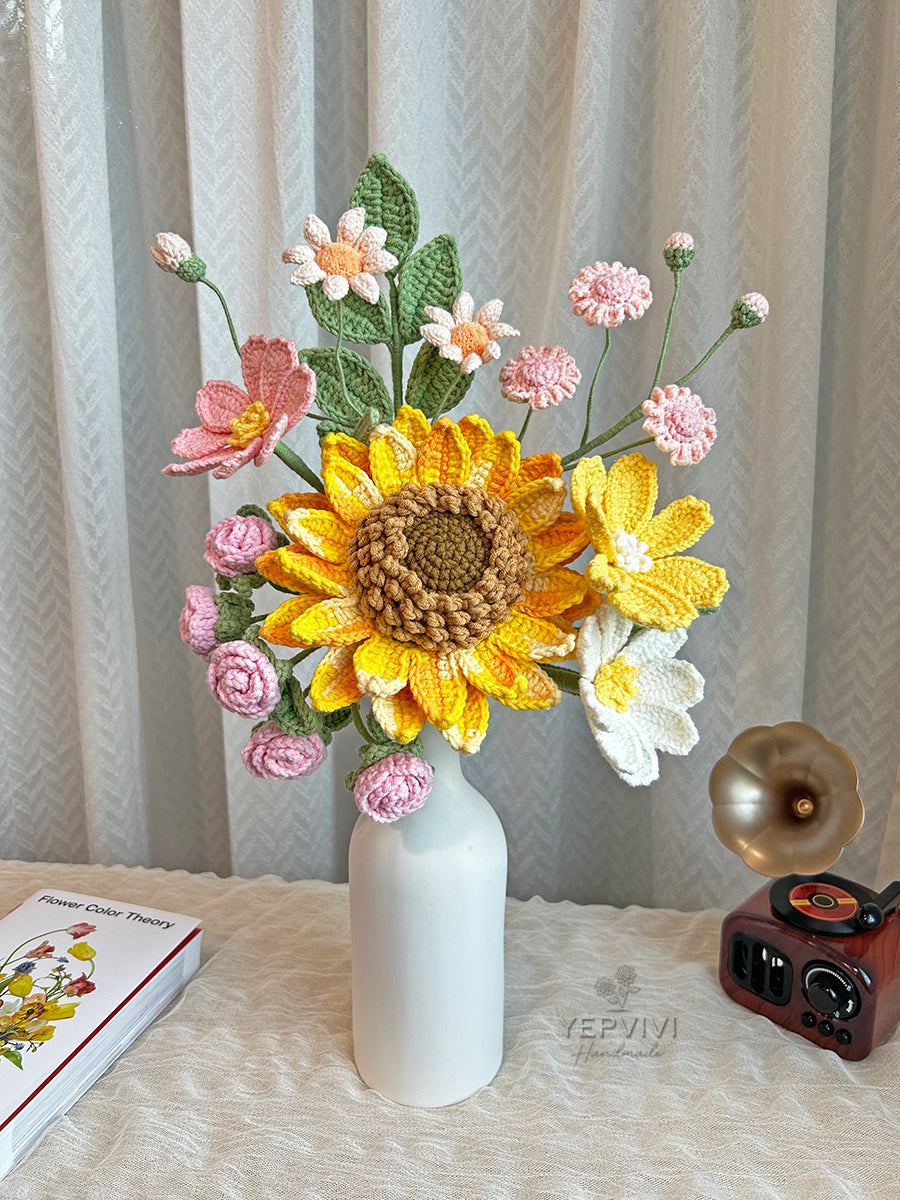 Crochet Sunflowers Bouquet | pink/purple/blue Flower Bouquet, Handmade flowers, Home Decor