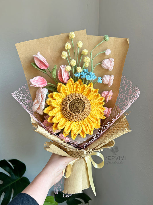 Finished crochet sunflower with Purple flowers bouquet. Unique handmade gift.