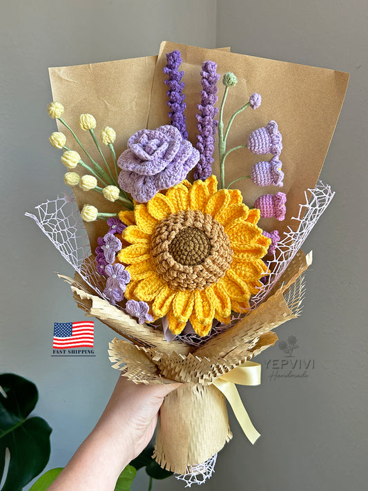 Finished crochet sunflower with Purple flowers bouquet. Unique handmade gift.