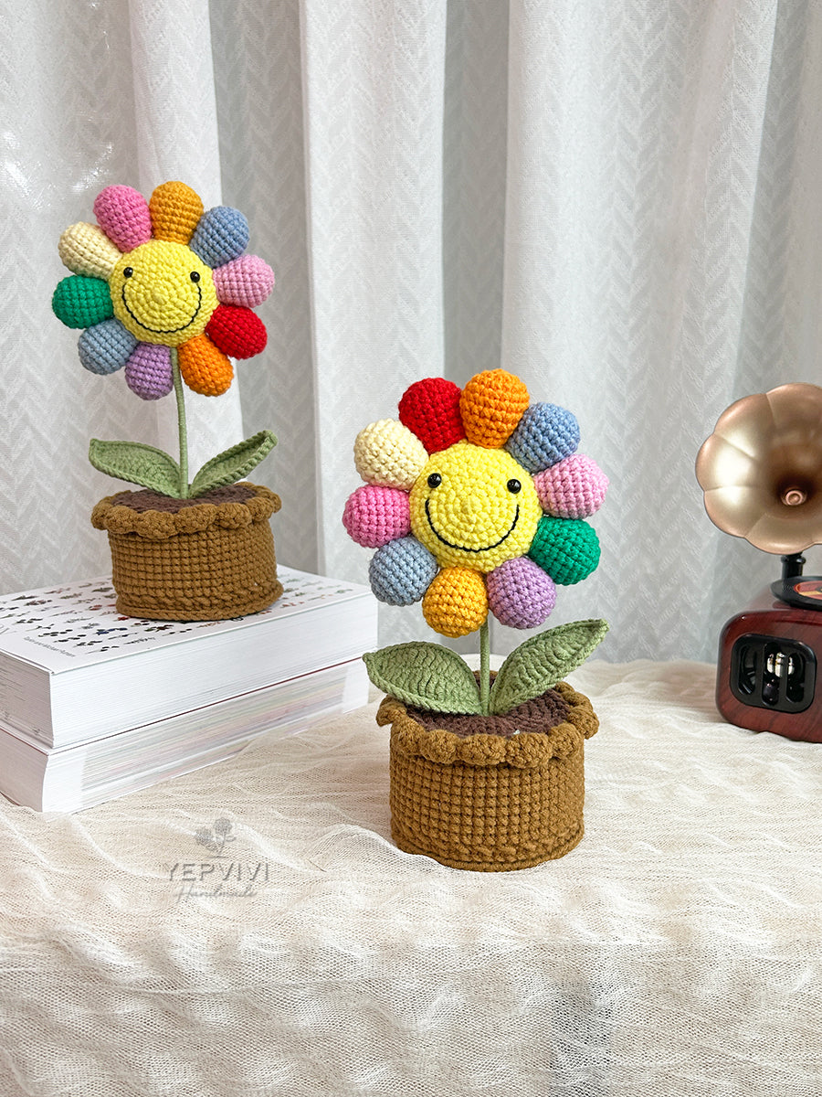 Finished crochet rainbow sunflower with smile face in pot. desk/home decor Unique handmade gift.