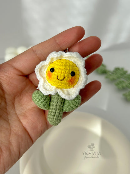 Finished crochet sunflower keychain. Unique handmade gift.