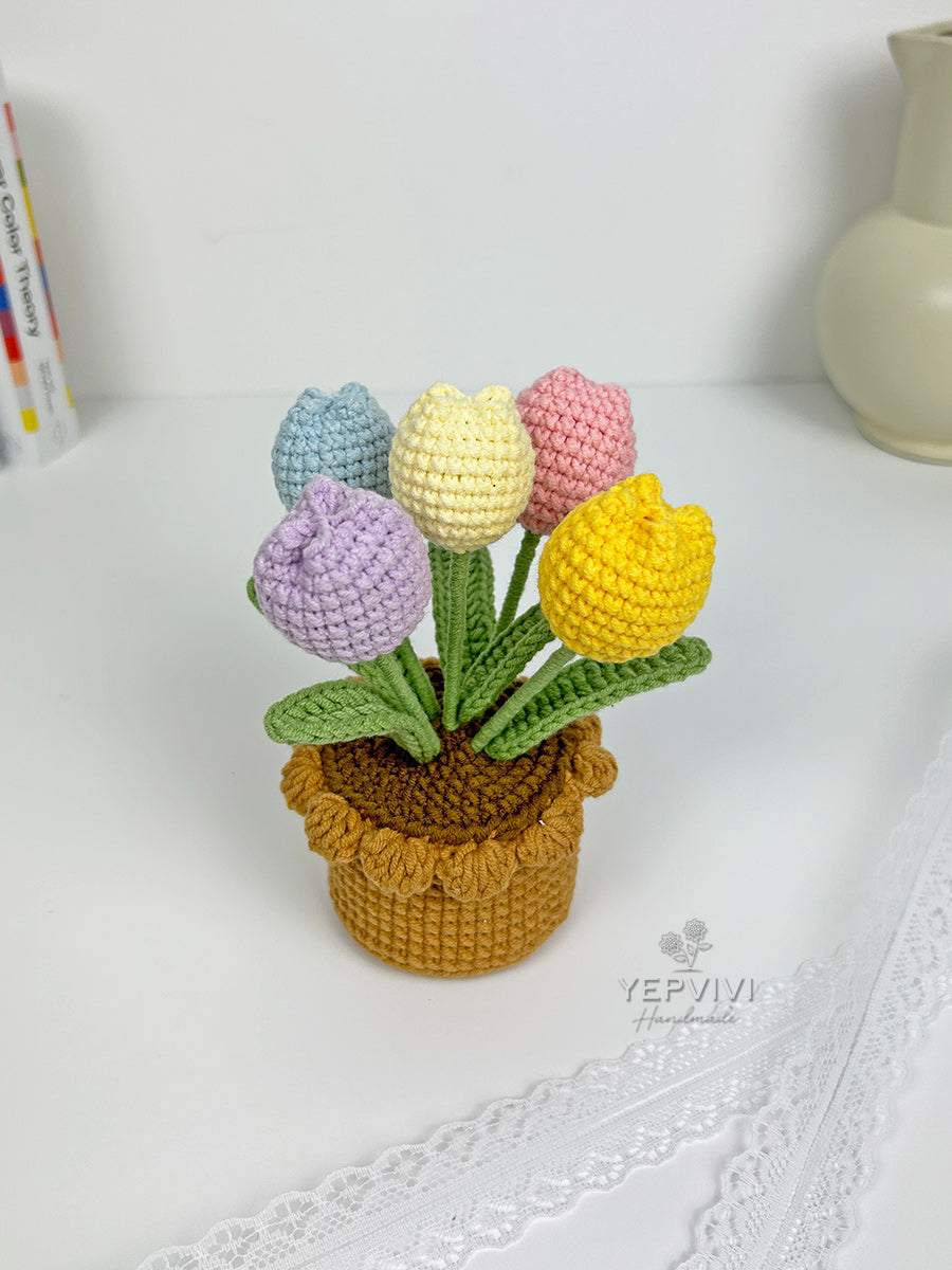 Finished stunning crochet tulip in pot. Mixed color tulip. Unique handmade gift for women.