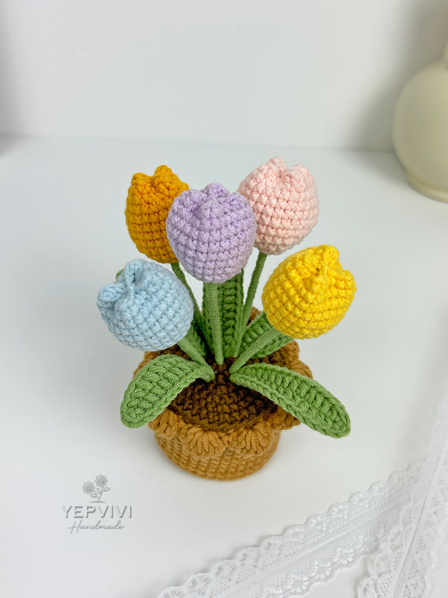 Finished stunning crochet tulip in pot. Mixed color tulip. Unique handmade gift for women.